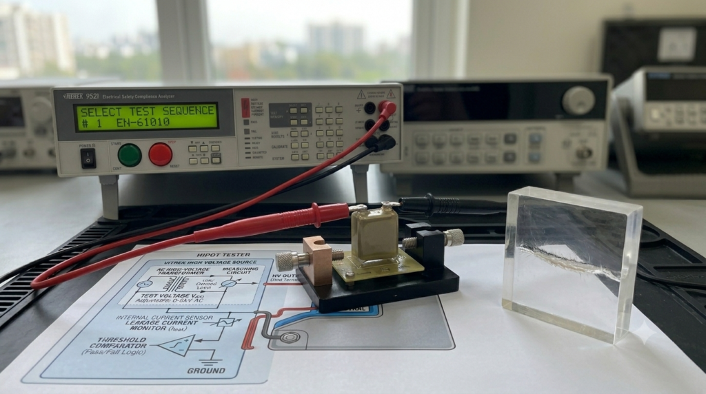 alt="dielectric-strength-test-vs-hipot-test, Engineer performing dielectric strength testing using a Vitrek hipot tester"