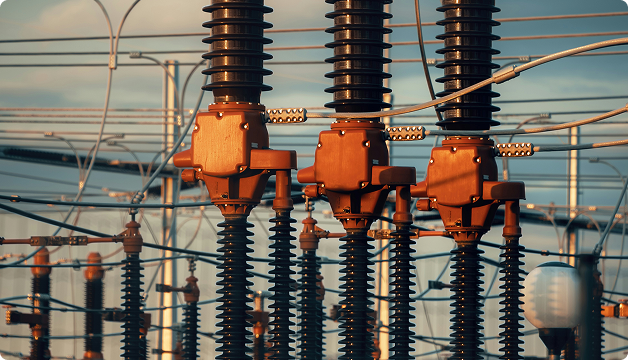 High-voltage electrical switchgear with orange components and ceramic insulators at a substation.